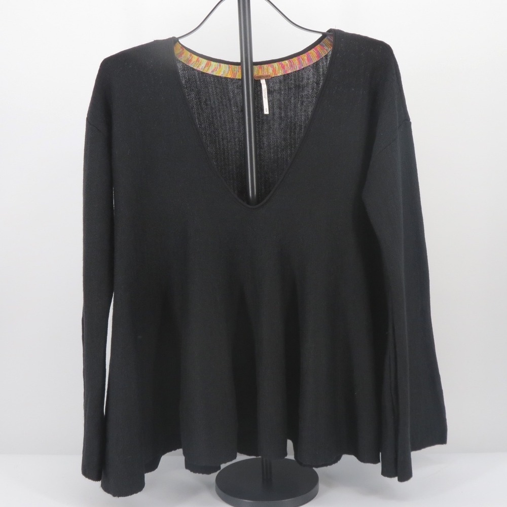 Free People Sweater V-Neck Flare Hem Sleeve Black M Boho Knit Pullover Oversized